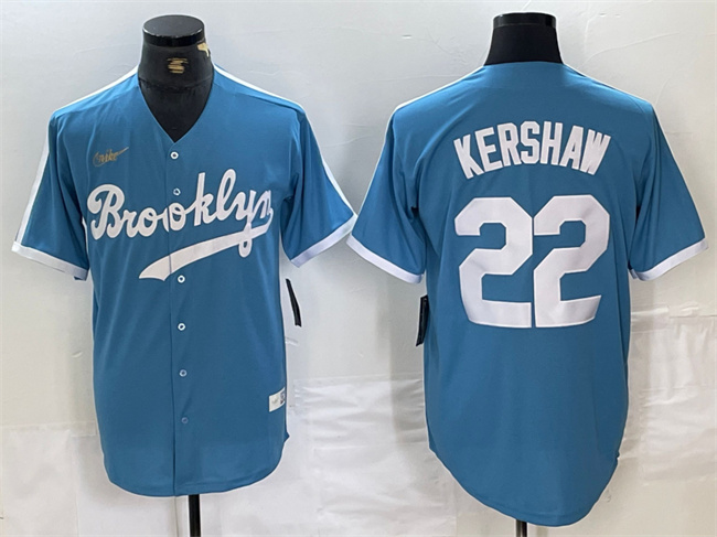 Men's Los Angeles Dodgers #22 Clayton Kershaw Light Blue Throwback Cool Base Stitched Baseball Jersey